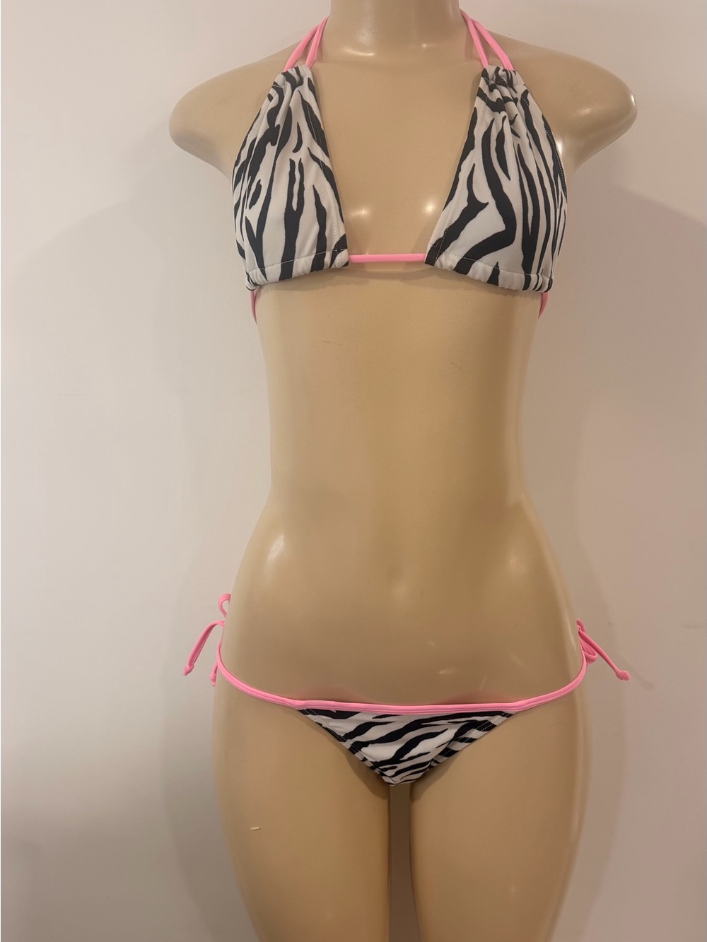 Pink-Trim Zebra Print Triangle Bikini - Women Swim Y2K